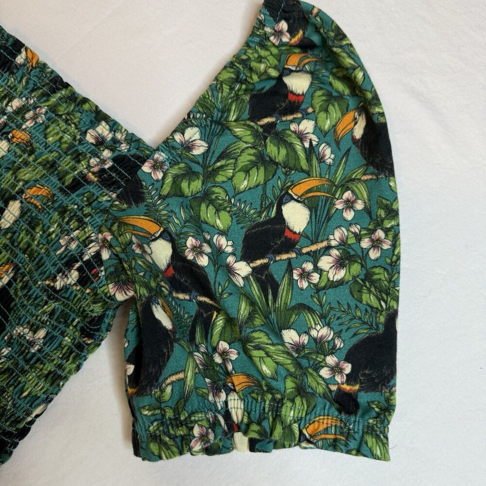 Dolan Left Coast Green Smocked Top Sm Puff Sleeve Tropical Toucan Anthropologie - Picture 2 of 11